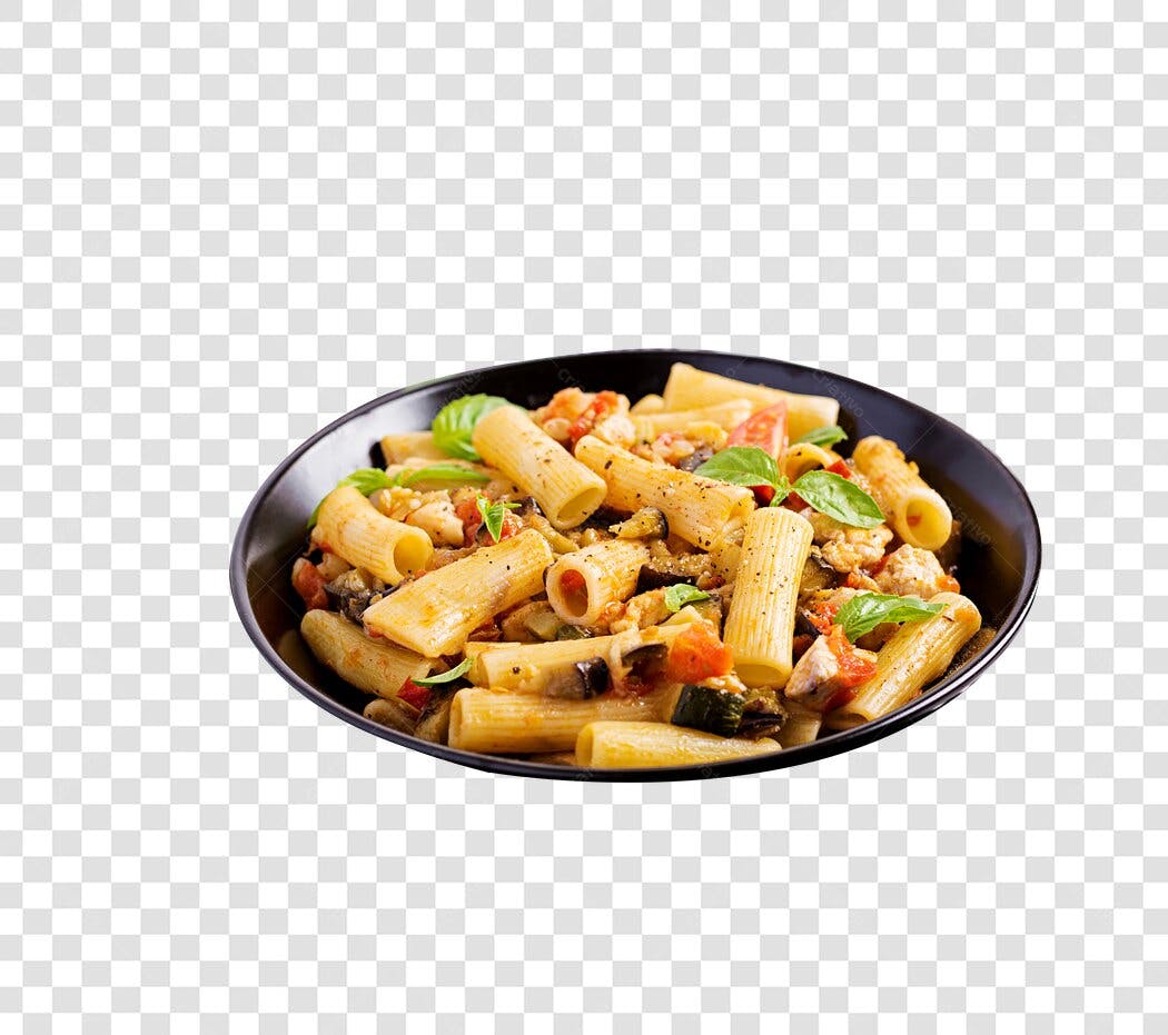 Foto Recortada Macarrão Penne Molho Tomate Manjericão PNG Fundo Transparente