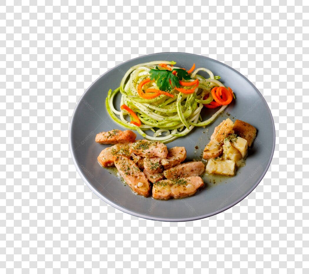 Foto Recortada Prato Salmão Grelhado Macarrão Abobrinha PNG Fundo Transparente