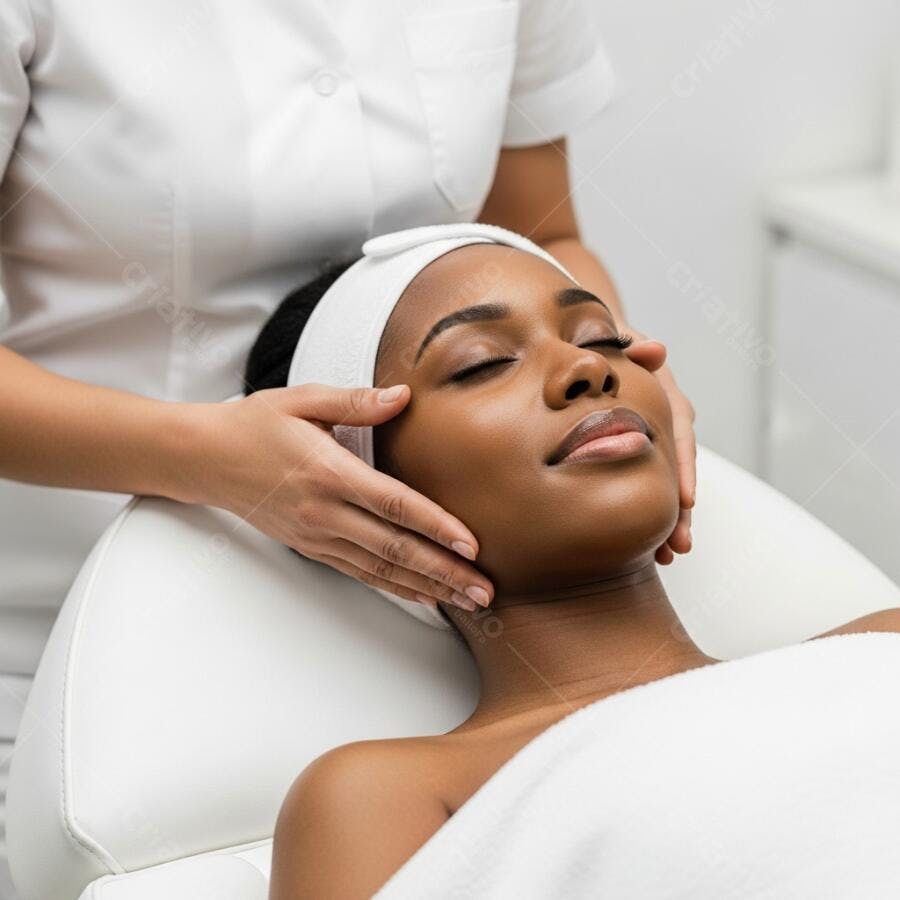 Foto Mulher Negra Recebendo Massagem Facial Clínica Estética