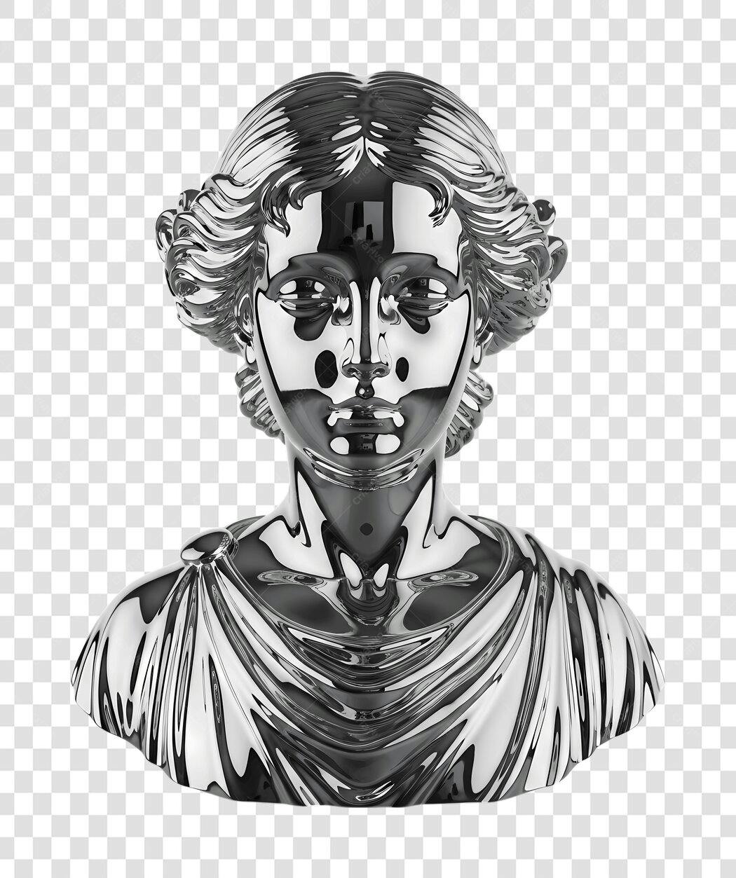 Elemento 3D Busto Escultura Prata Metálica PNG Fundo Transparente