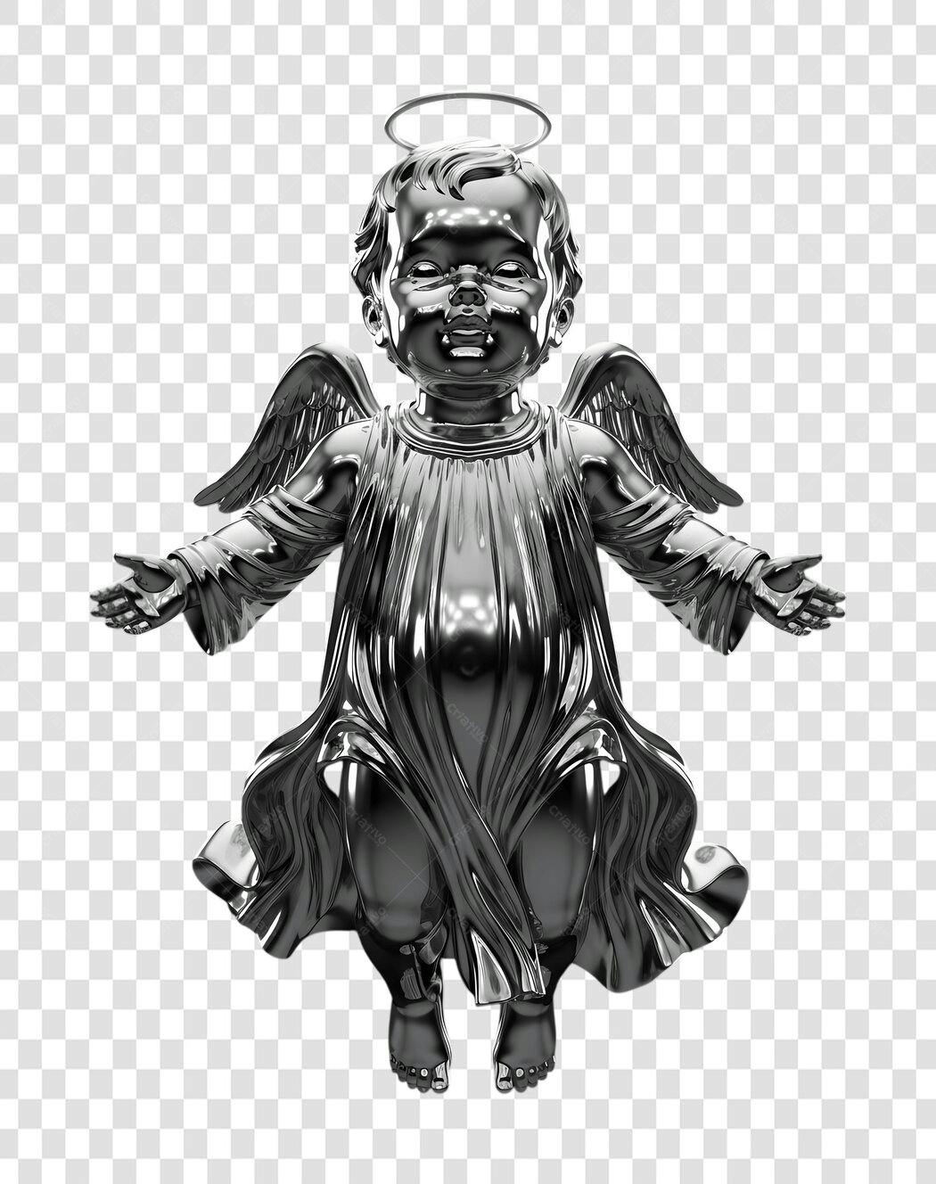 Elemento 3D Anjo Querubim Prata Metalizado PNG Fundo Transparente
