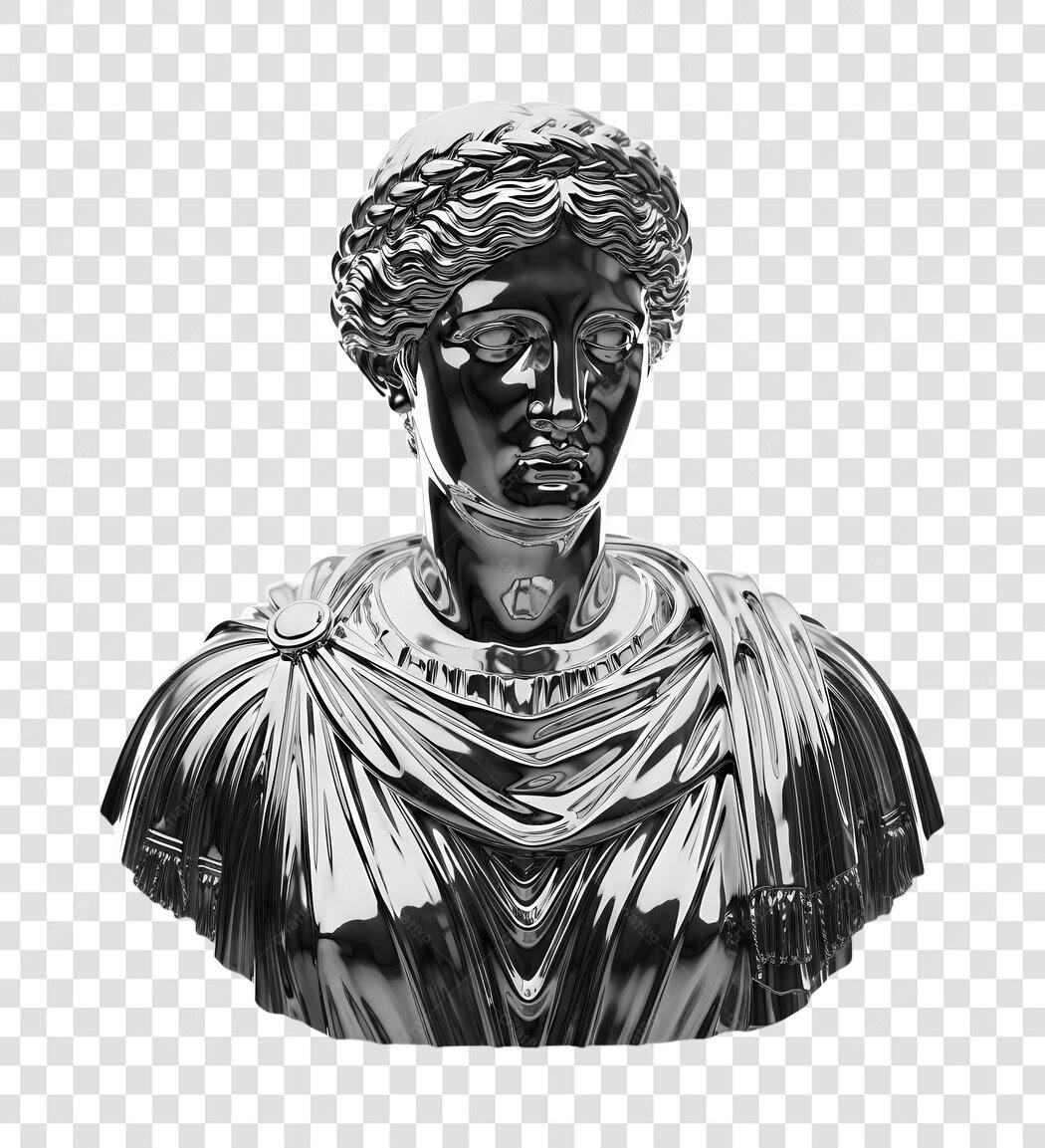Elemento 3D Busto Romano Prata Metalizado PNG Fundo Transparente