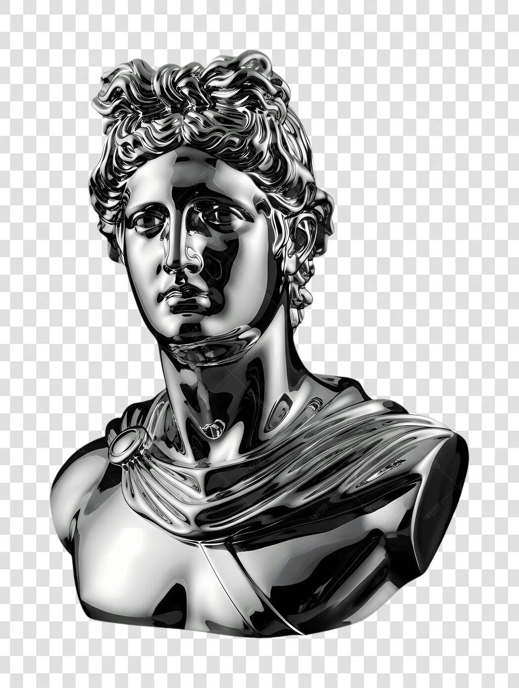 Elemento 3D Busto Escultura Grega Prata PNG Fundo Transparente