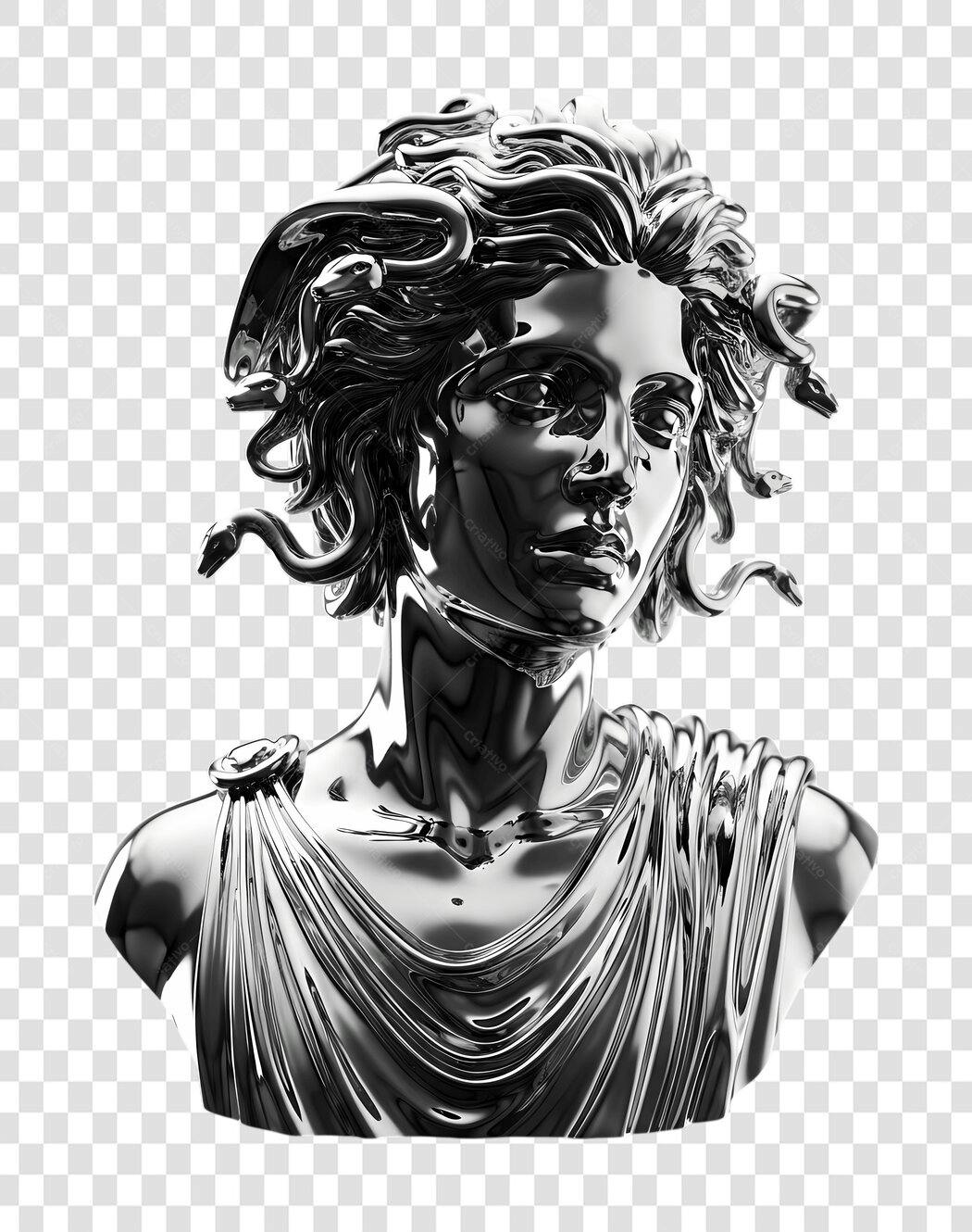 Elemento 3D Busto Medusa Prata Cromado PNG Fundo Transparente