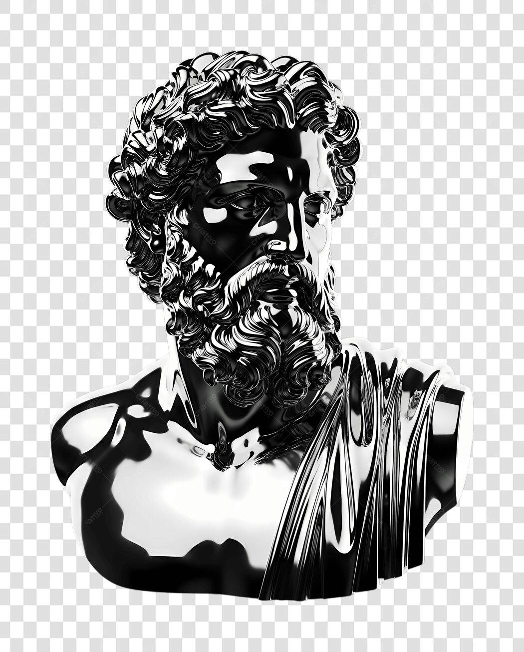 Elemento 3D Busto Escultura Grega Cromada PNG Fundo Transparente
