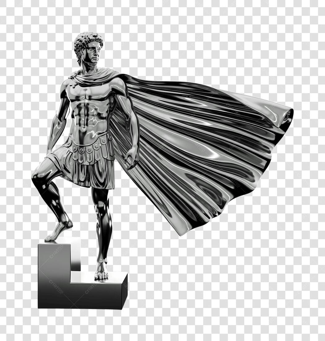 Elemento 3D Estátua Romana Herói Capa Cinza PNG Fundo Transparente