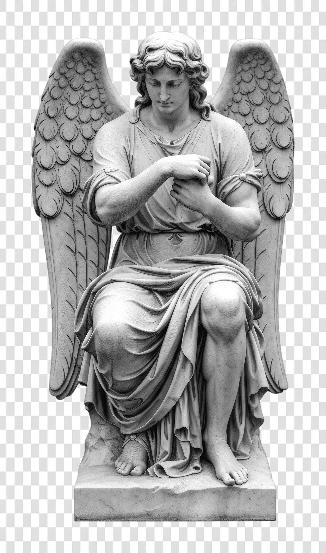 Foto Recortada Estátua Anjo Sentado Cinza PNG Fundo Transparente