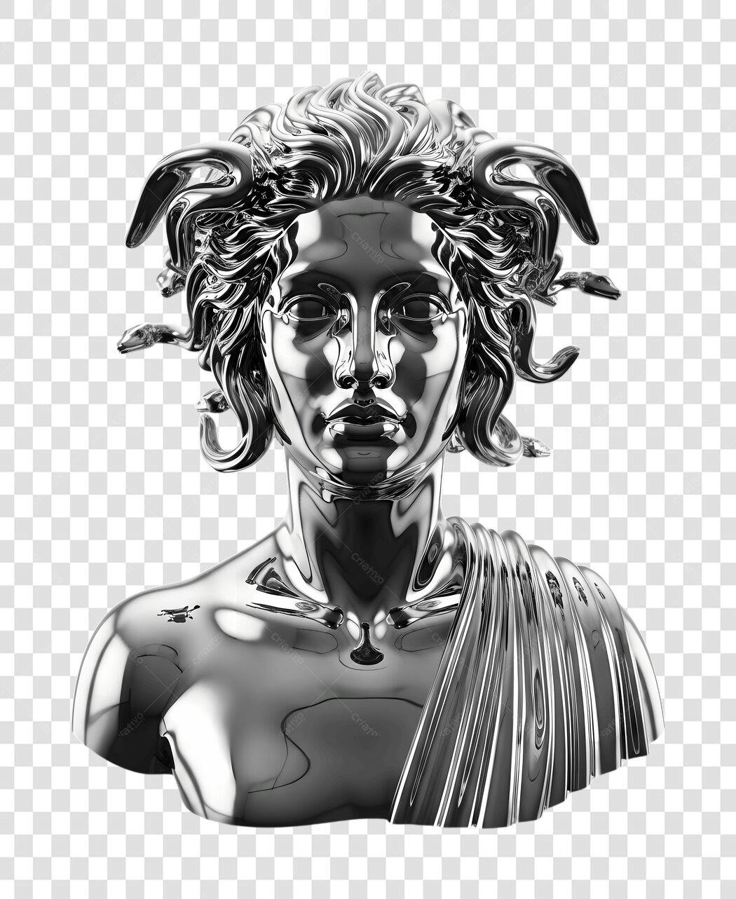 Elemento 3D Busto Medusa Prata Cromado PNG Fundo Transparente