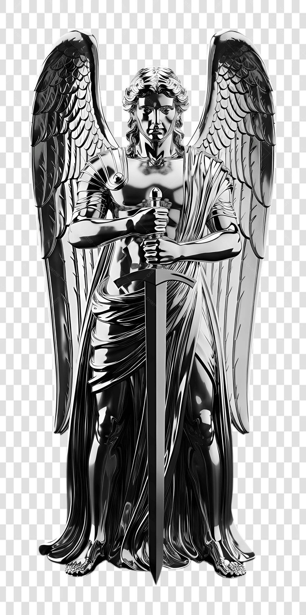 Elemento 3D Anjo Guerreiro Espada Prata PNG Fundo Transparente