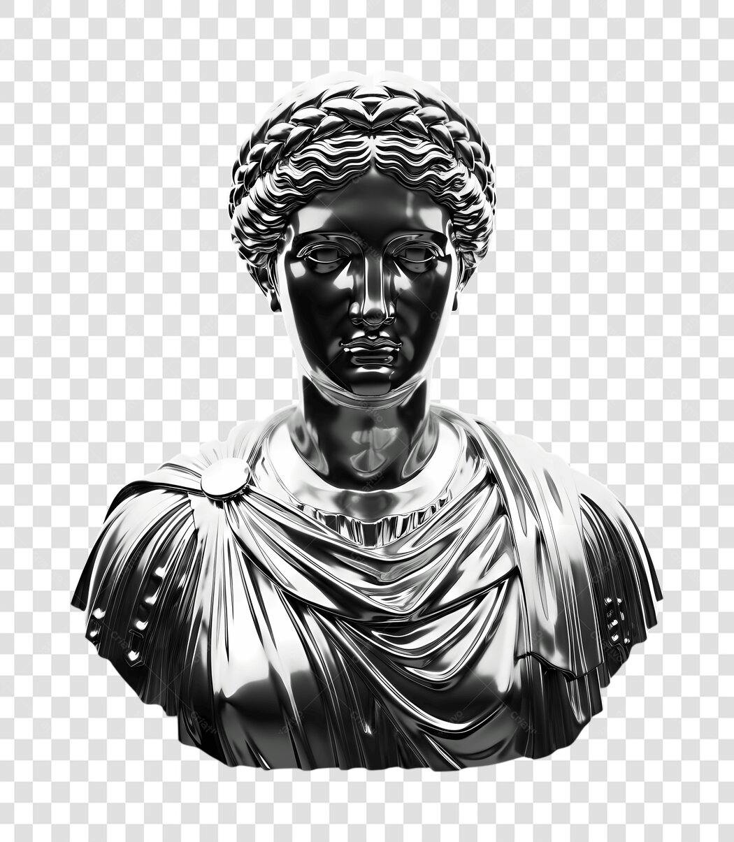 Elemento 3D Busto Romano Prata Metalizado PNG Fundo Transparente