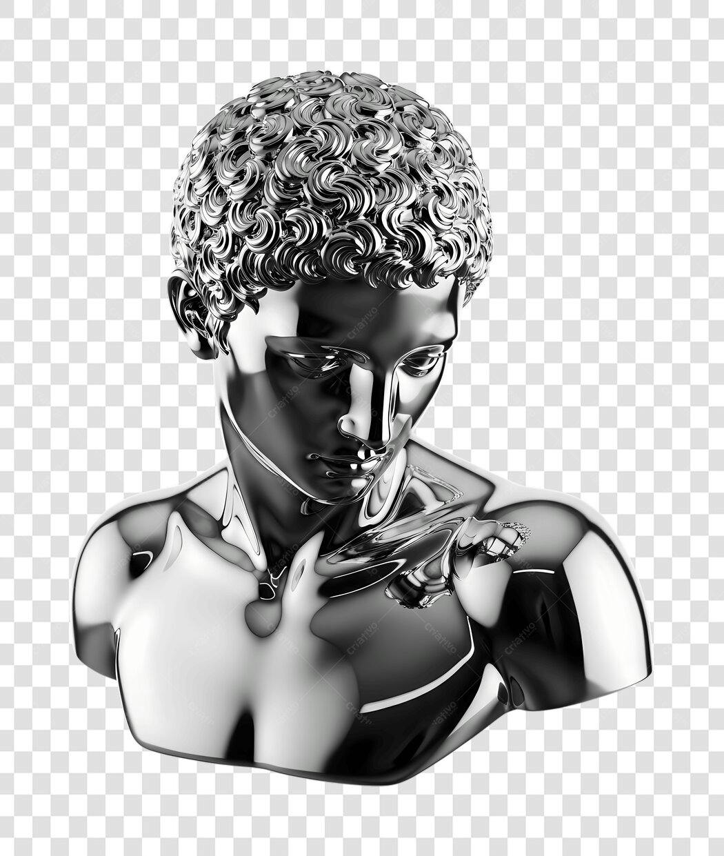 Elemento 3D Busto Escultura Prata Metálico PNG Fundo Transparente