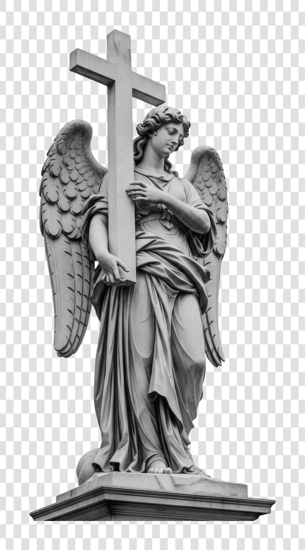 Foto Recortada Anjo Estátua Cruz Cinza PNG Fundo Transparente