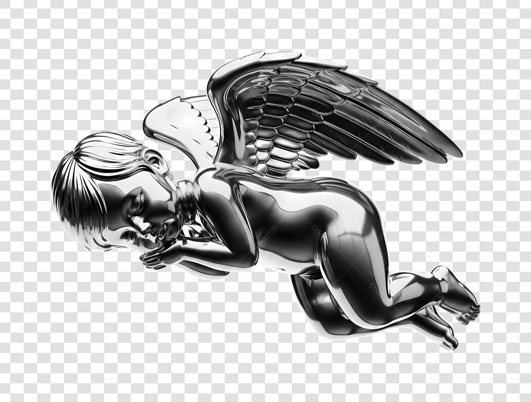 Elemento 3D Anjo Bebê Cromado Prata PNG Fundo Transparente