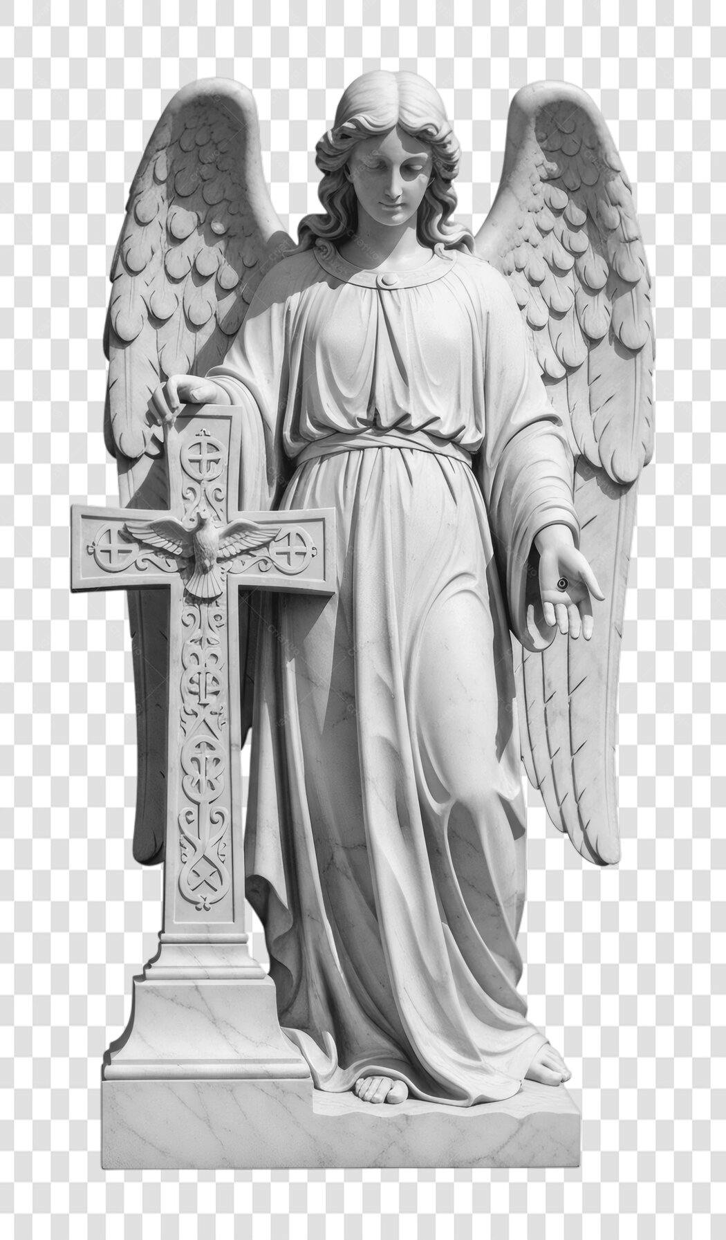 Foto Recortada Estátua Anjo Cruz Religiosa PNG Fundo Transparente