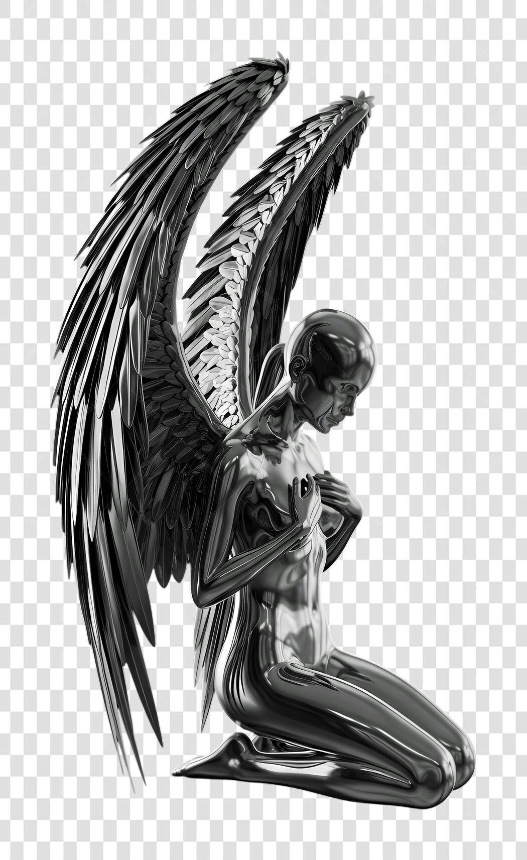 Elemento 3D Anjo Negro Asas Prateadas PNG Fundo Transparente