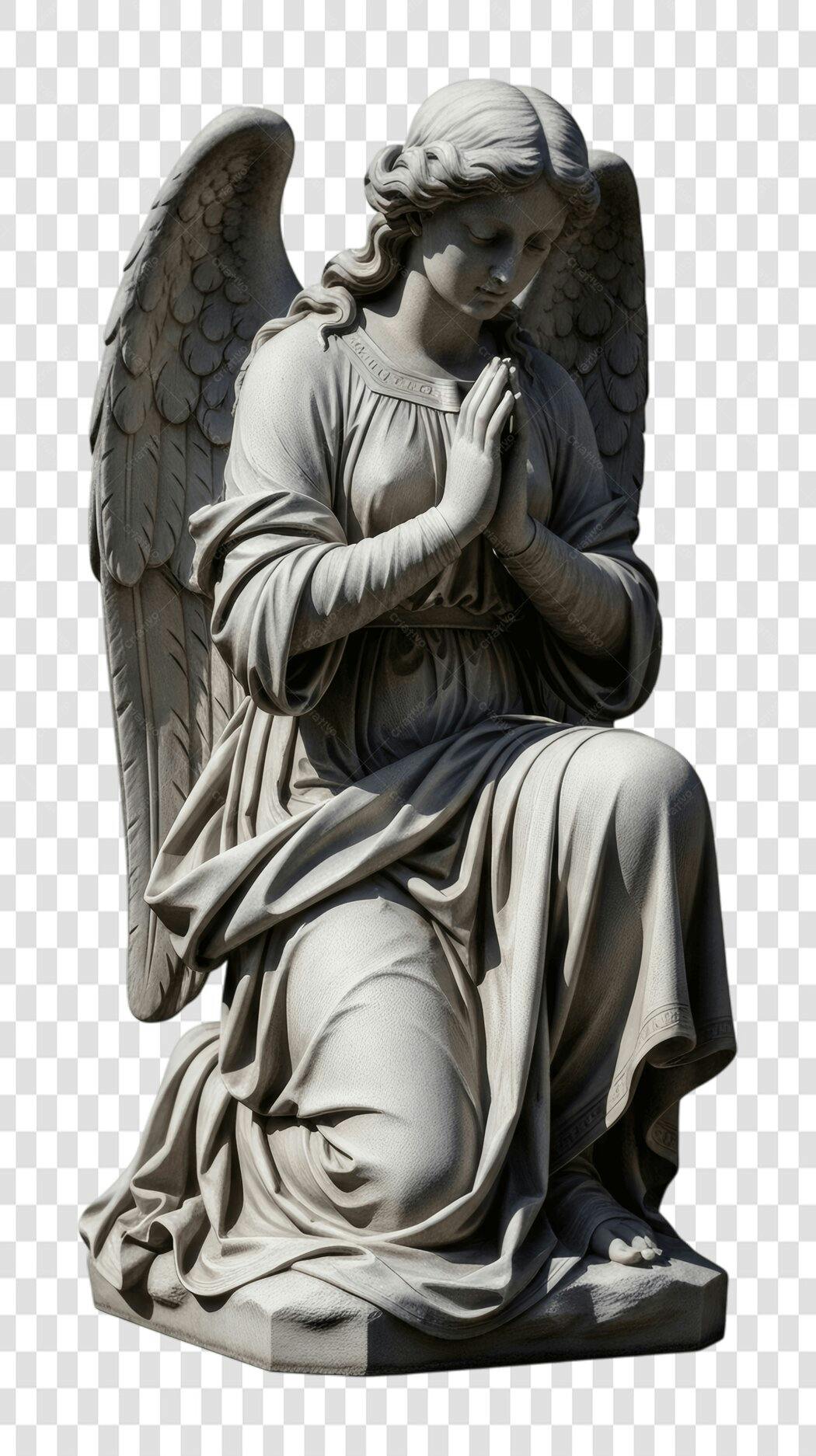 Foto Recortada Estátua Anjo Orando Cinza PNG Fundo Transparente
