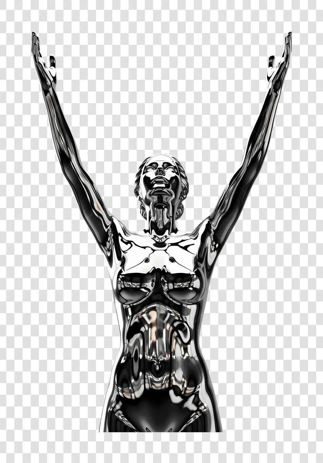 Elemento 3D Mulher Robô Cromada Braços Erguidos PNG Fundo Transparente