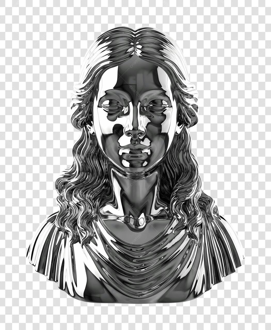 Elemento 3D Busto Mulher Prata Reflexiva PNG Fundo Transparente