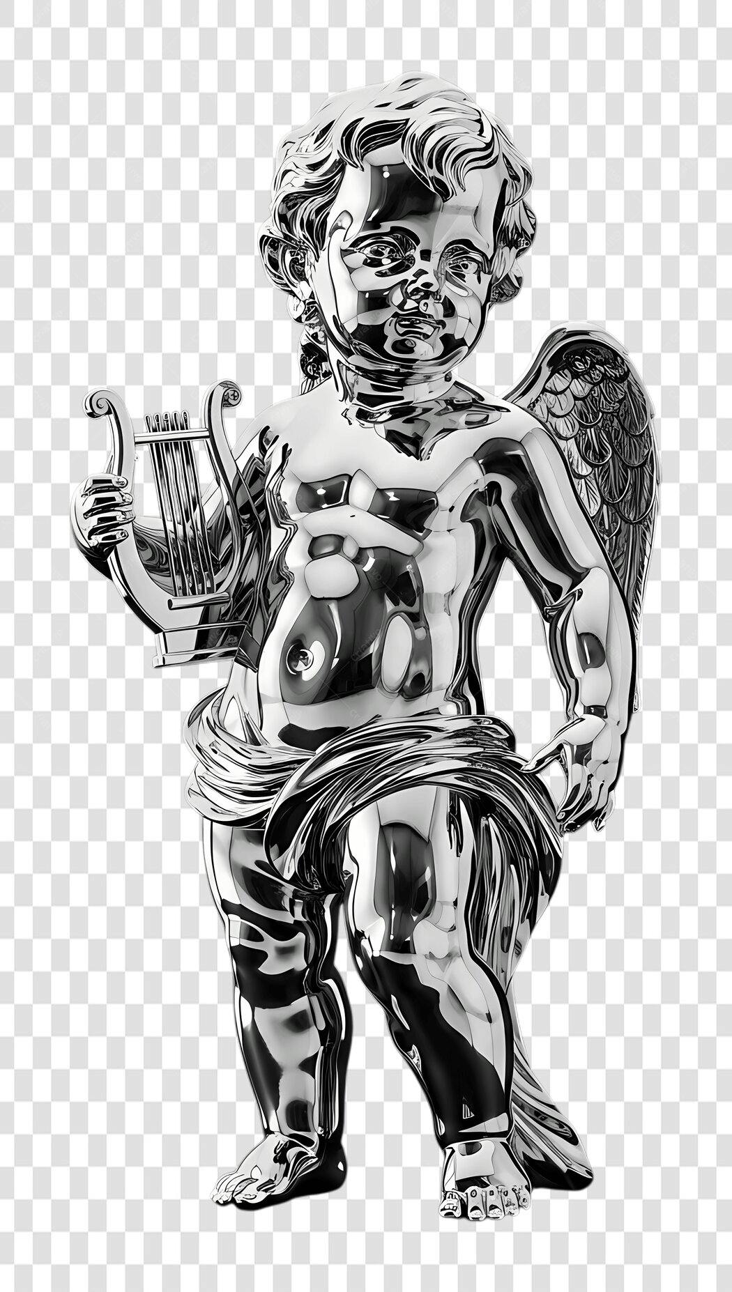 Elemento 3D Anjo Querubim Prata Harpa PNG Fundo Transparente