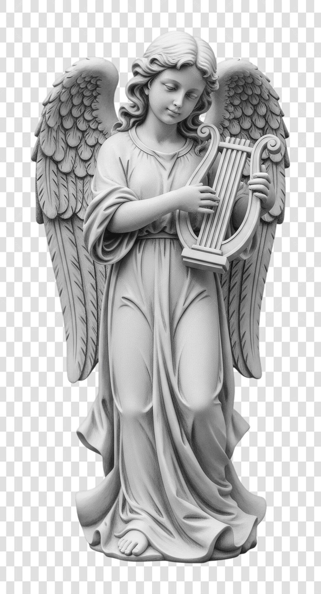 Foto Recortada Estátua Anjo Querubim Harpa PNG Fundo Transparente