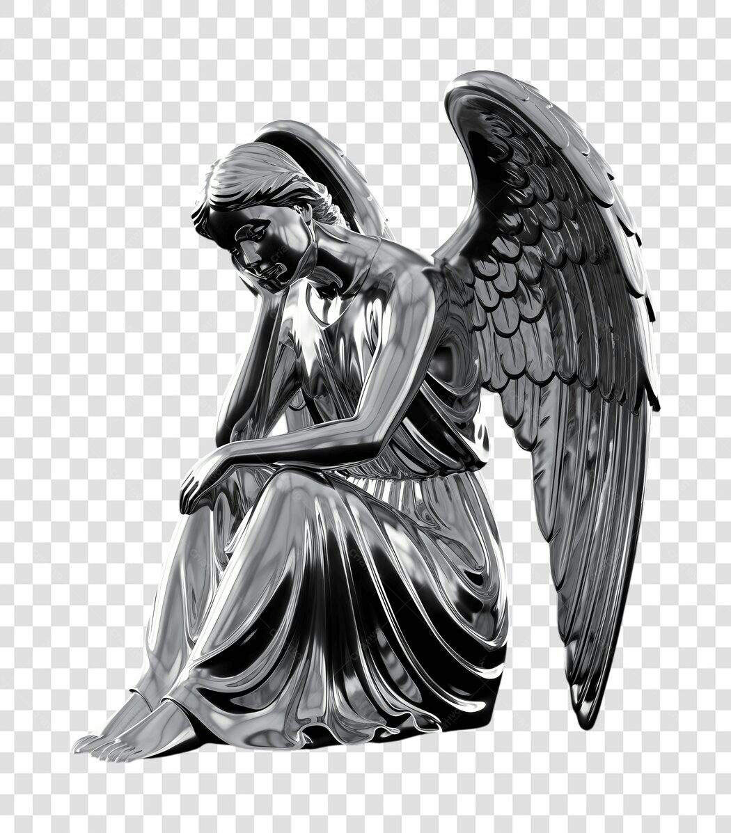Elemento 3D Anjo Prateado Escultura Sentada PNG Fundo Transparente