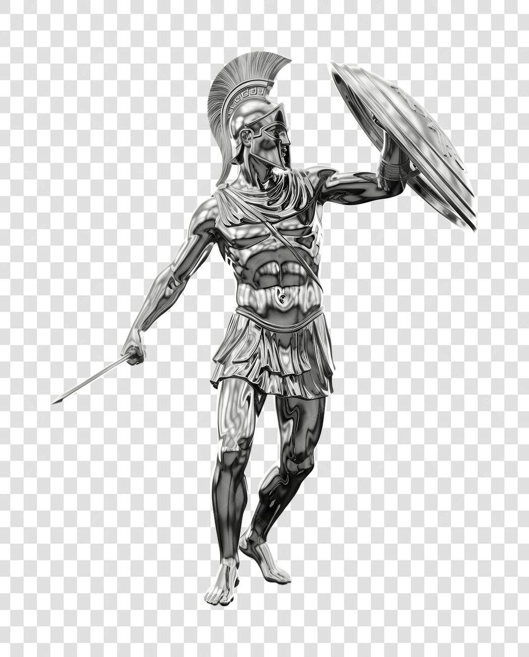 Elemento 3D Guerreiro Espartano Prata Escudo PNG Fundo Transparente