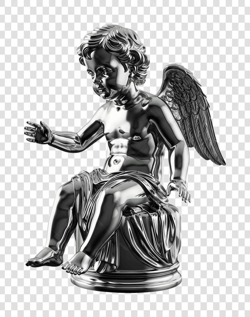 Elemento 3D Cupido Anjo Prateado Escultura PNG Fundo Transparente