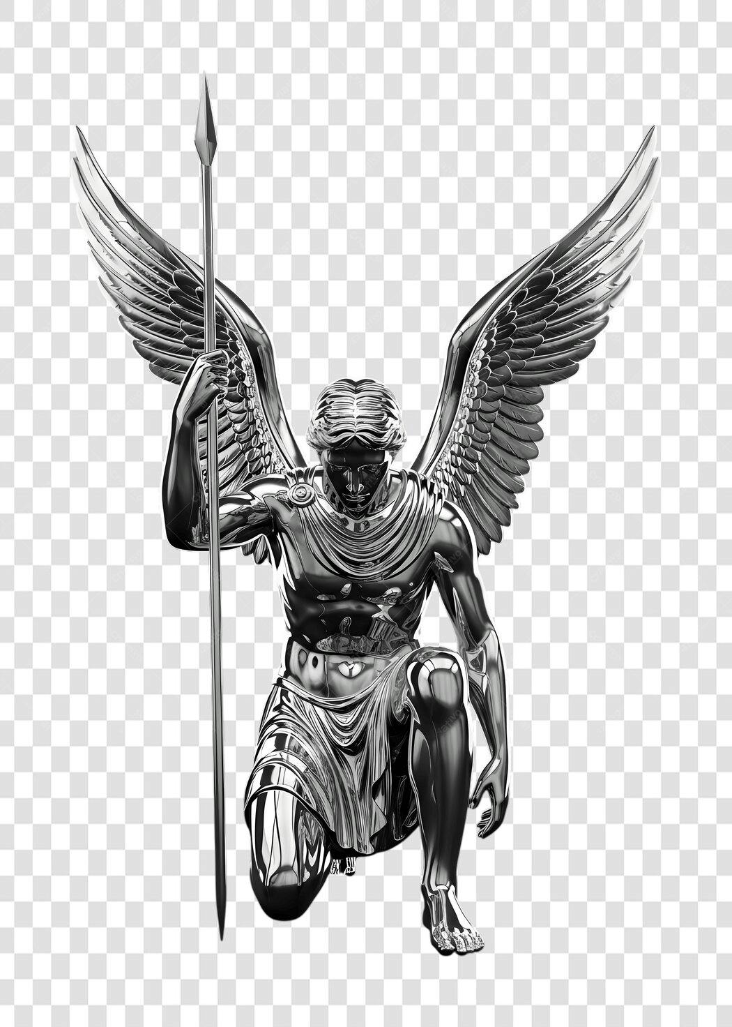 Elemento 3D Anjo Guerreiro Prata Lança PNG Fundo Transparente