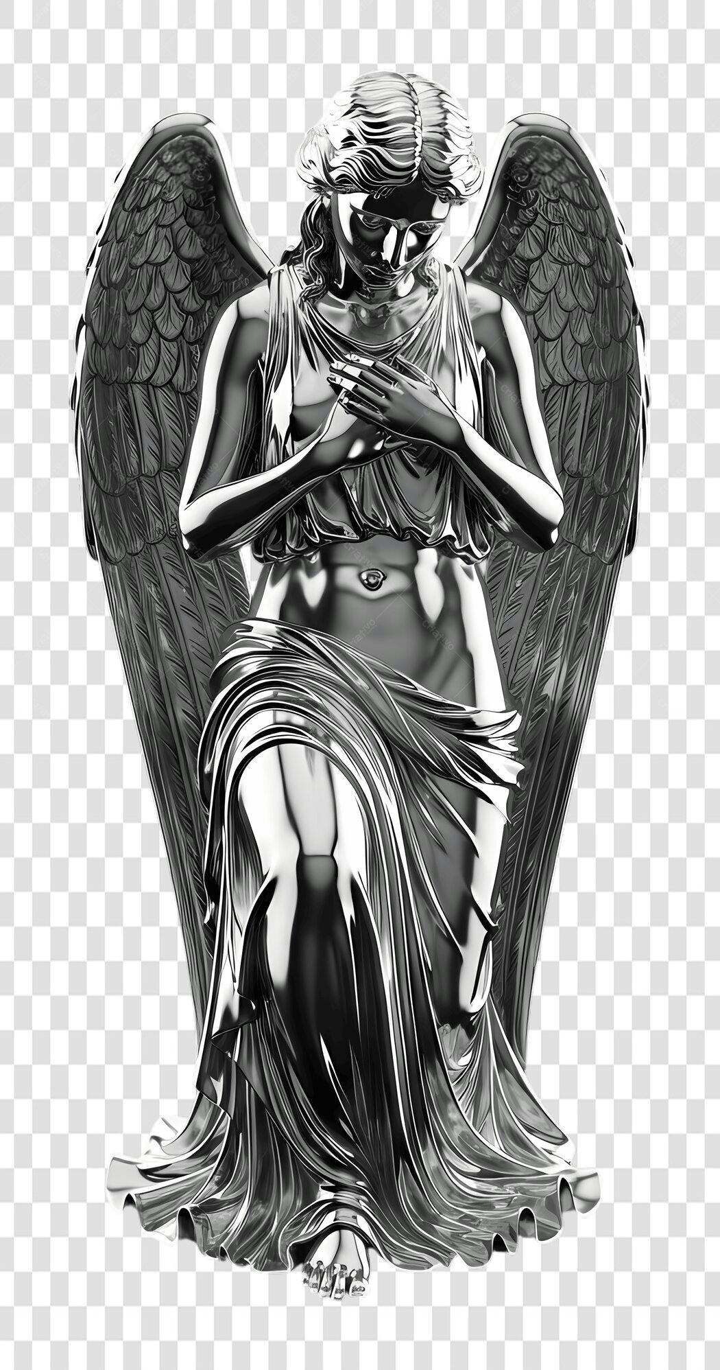 Elemento 3D Estátua Anjo Prata Metálica PNG Fundo Transparente