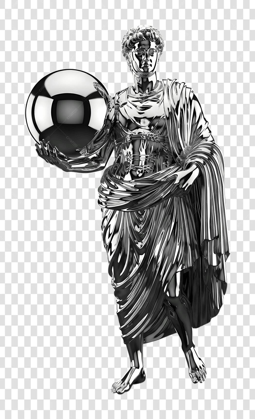 Elemento 3D Estátua Romana Prateada Esfera PNG Fundo Transparente