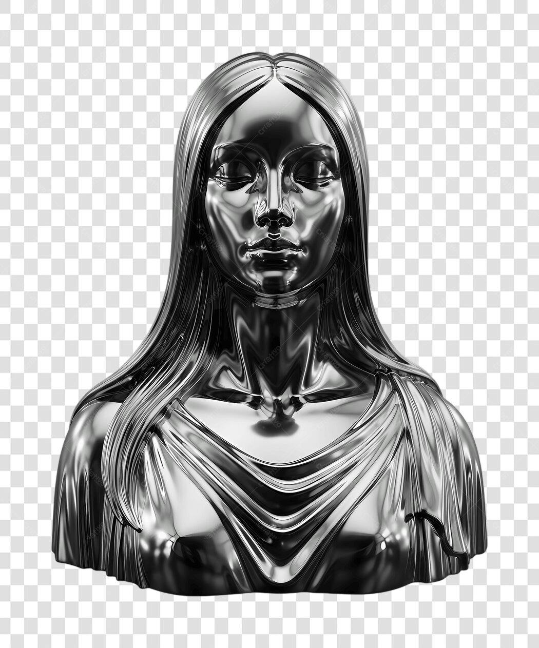 Elemento 3D Busto Mulher Prata Cromado PNG Fundo Transparente