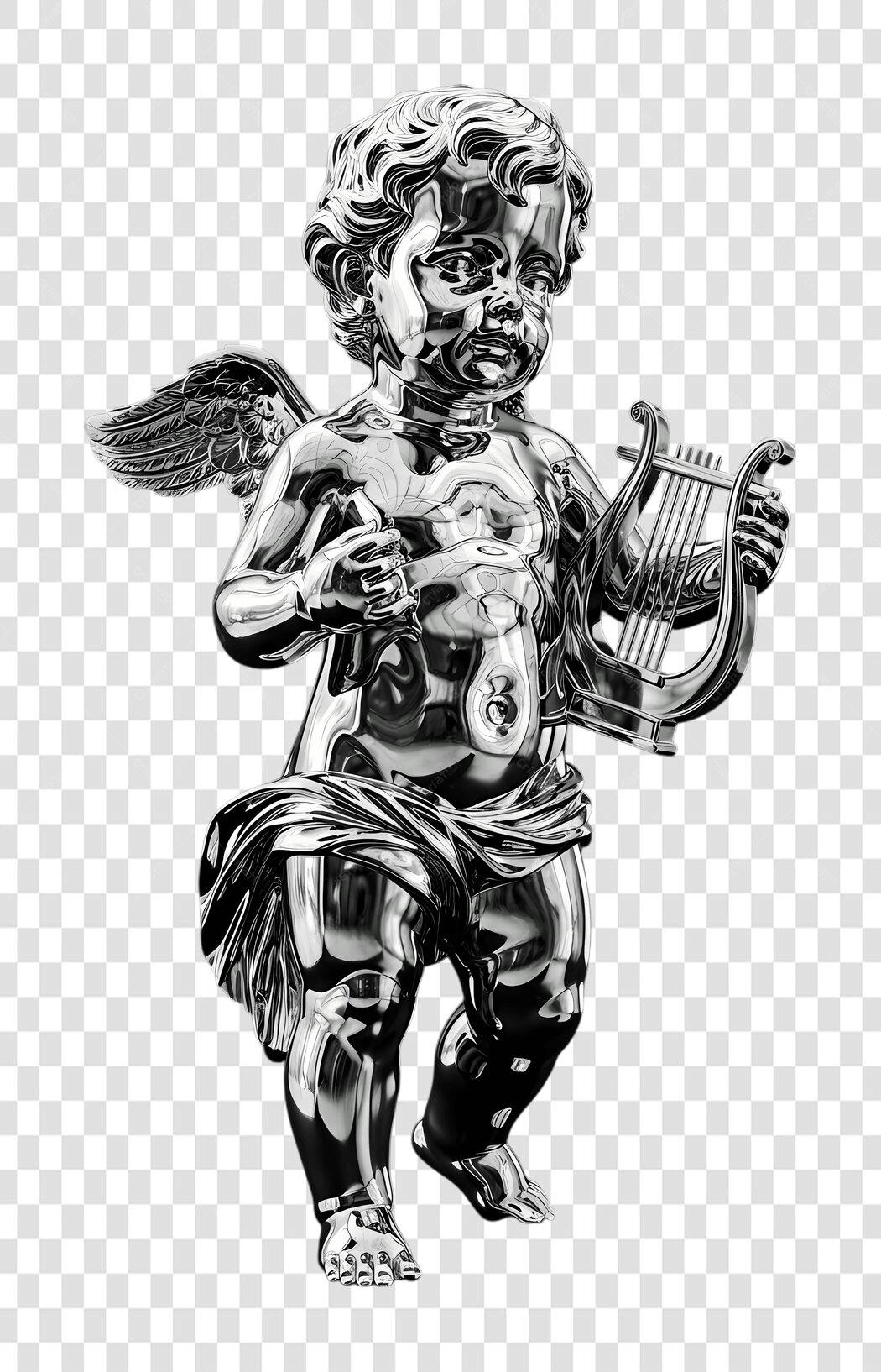 Elemento 3D Cupido Anjo Prata Harpa PNG Fundo Transparente