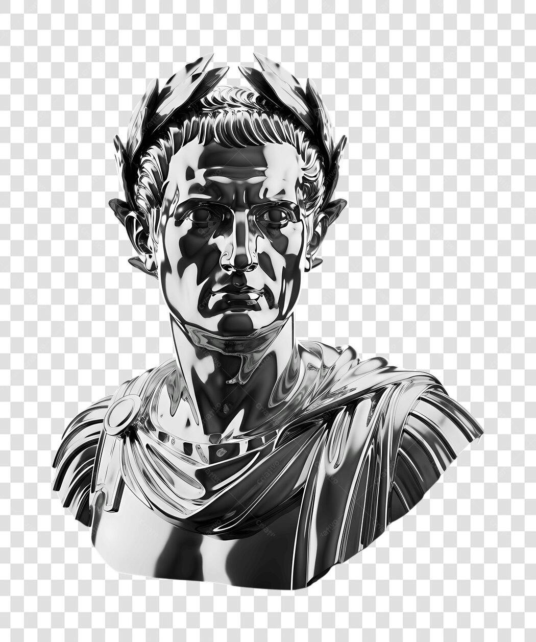 Elemento 3D Busto Romano Prata Metálico PNG Fundo Transparente
