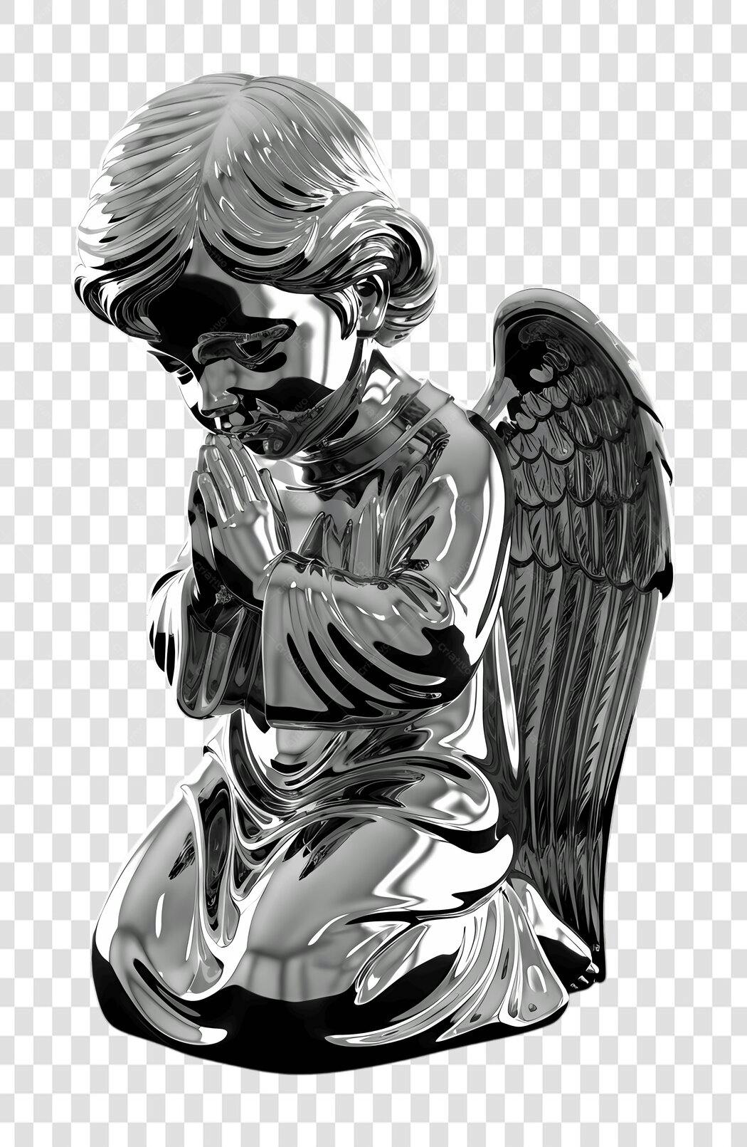Elemento 3D Anjo Prateado Rezando PNG Fundo Transparente