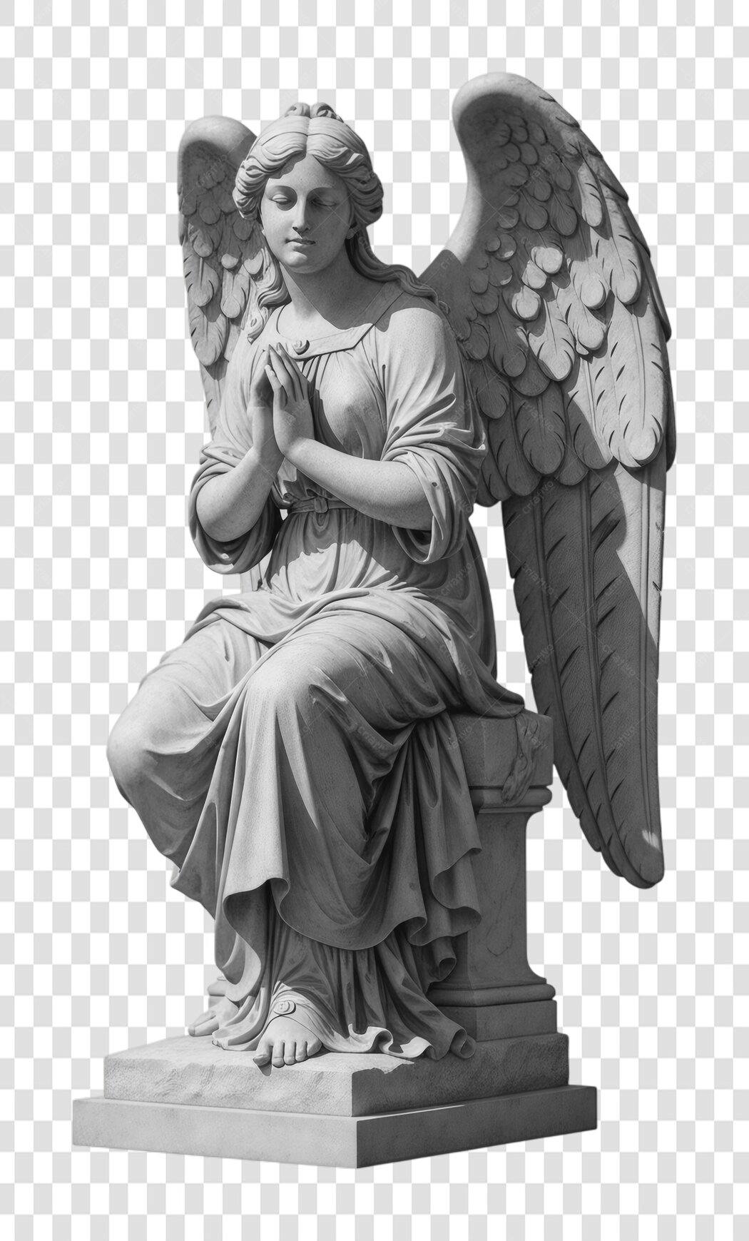 Foto Recortada Estátua Anjo Rezando Cinza PNG Fundo Transparente