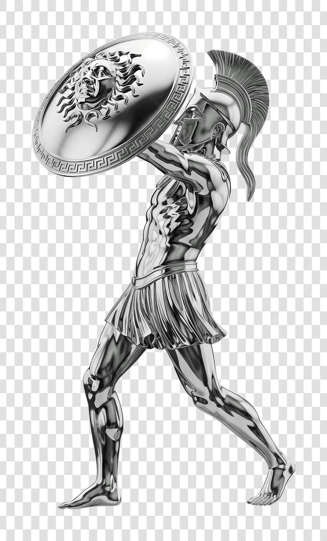 Elemento 3D Guerreiro Espartano Prata Escudo PNG Fundo Transparente