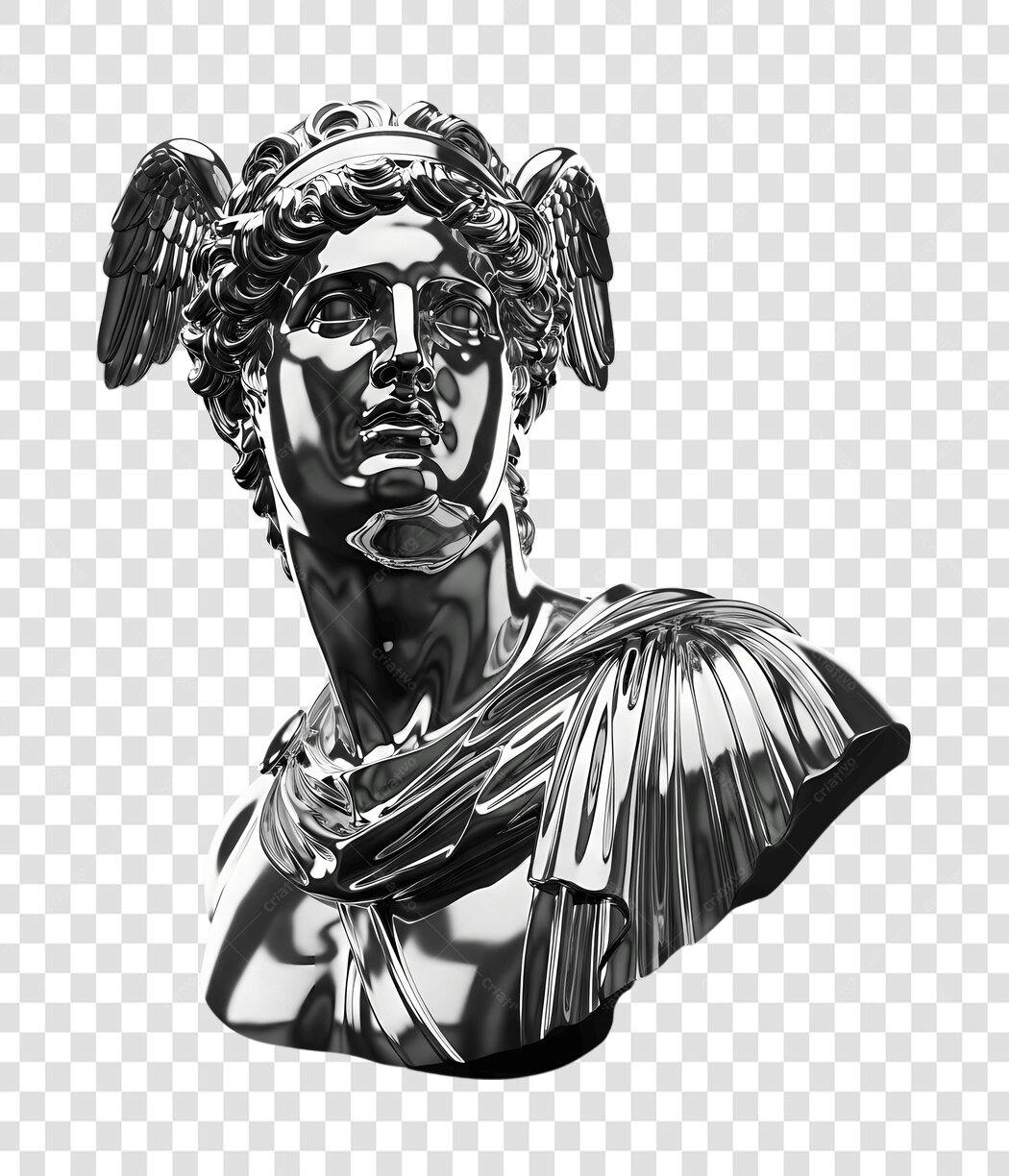 Elemento 3D Busto Hermes Prata Metalizado PNG Fundo Transparente