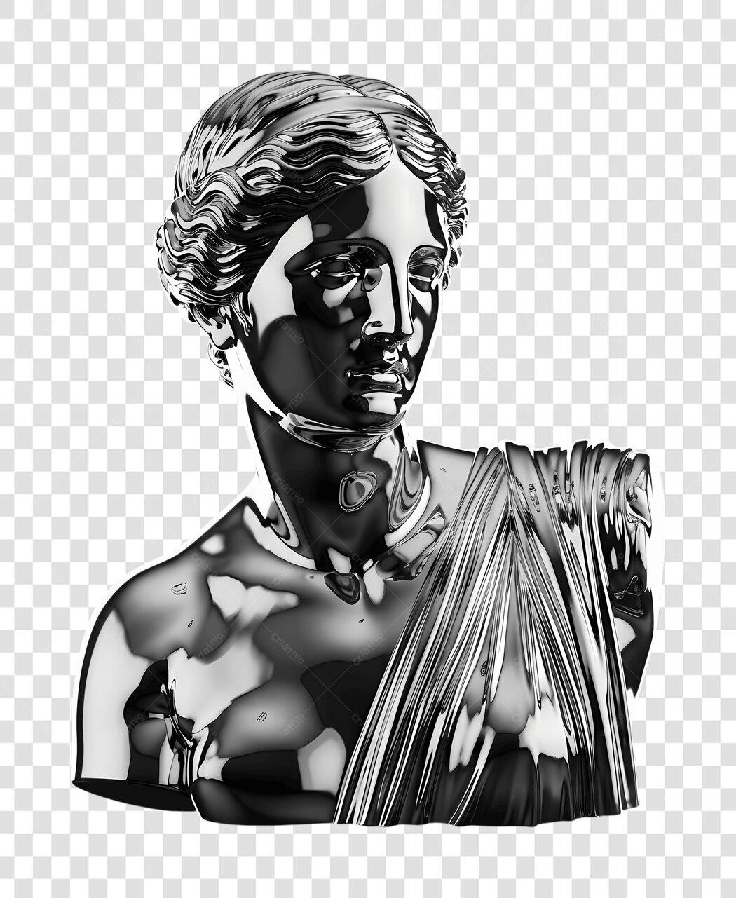 Elemento 3D Busto Escultura Grega Cromado PNG Fundo Transparente