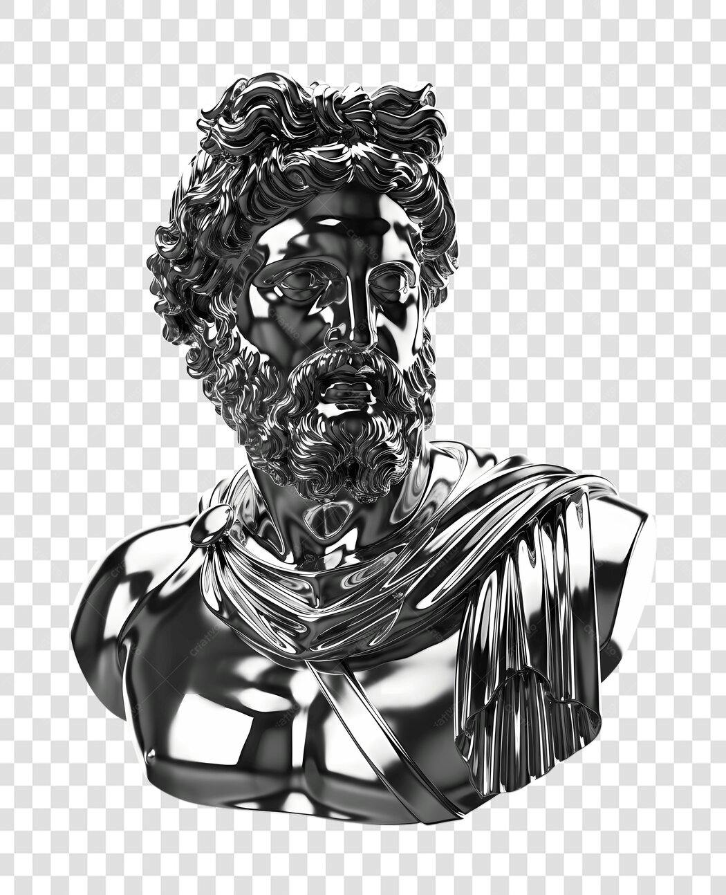 Elemento 3D Busto Romano Prateado Brilhante PNG Fundo Transparente