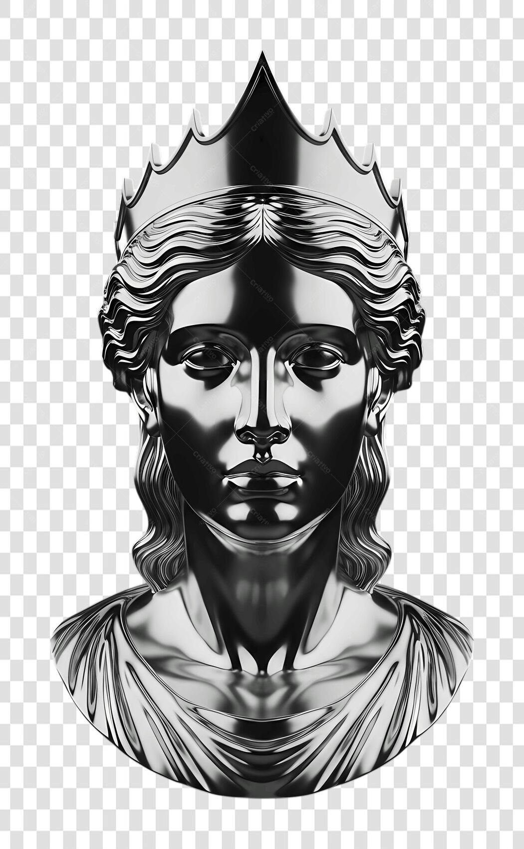 Elemento 3D Busto Rainha Coroa Prata PNG Fundo Transparente