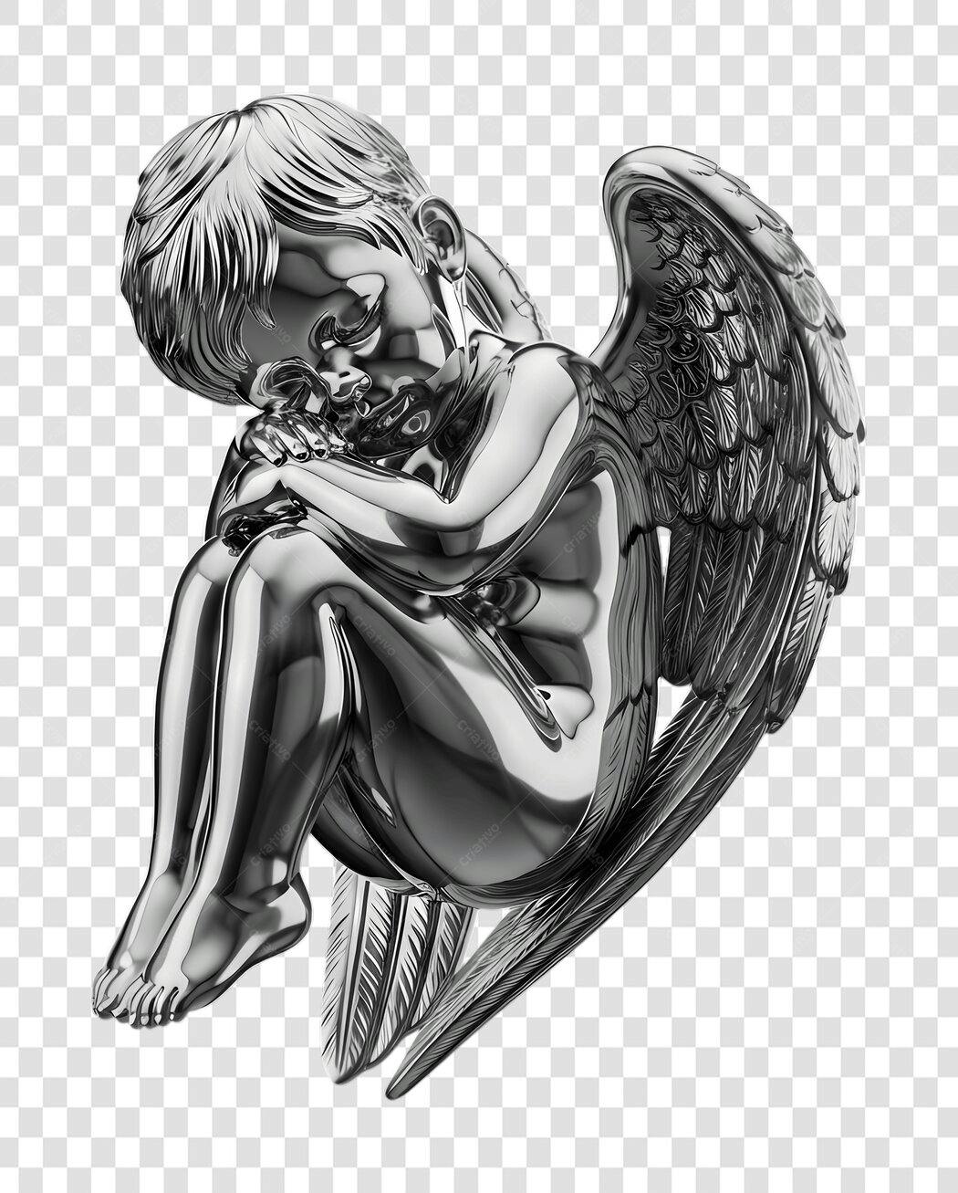 Elemento 3D Anjo Querubim Prata Decoração PNG Fundo Transparente