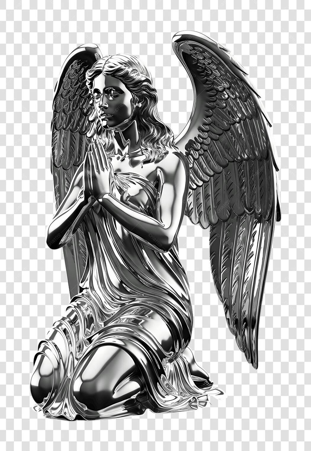 Elemento 3D Anjo Prateado Rezando Decoração PNG Fundo Transparente