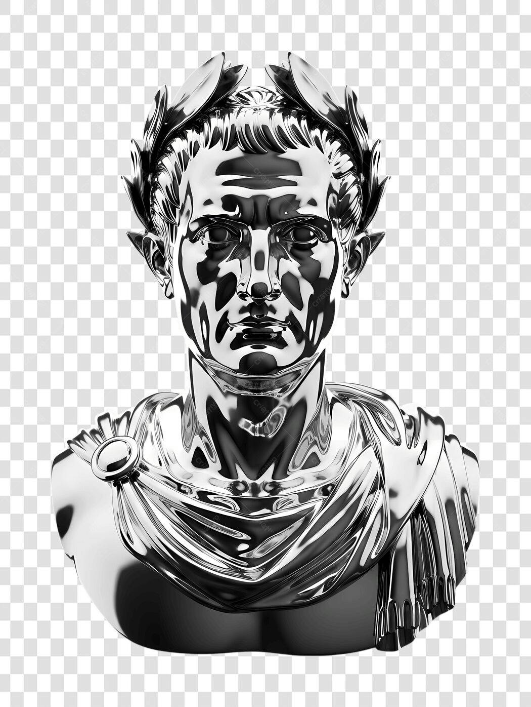 Elemento 3D Busto Romano Prata Metalizado PNG Fundo Transparente