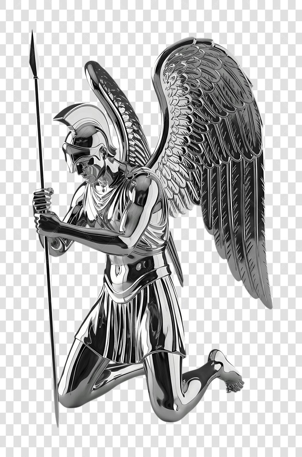 Elemento 3D Anjo Guerreiro Prata Lança PNG Fundo Transparente