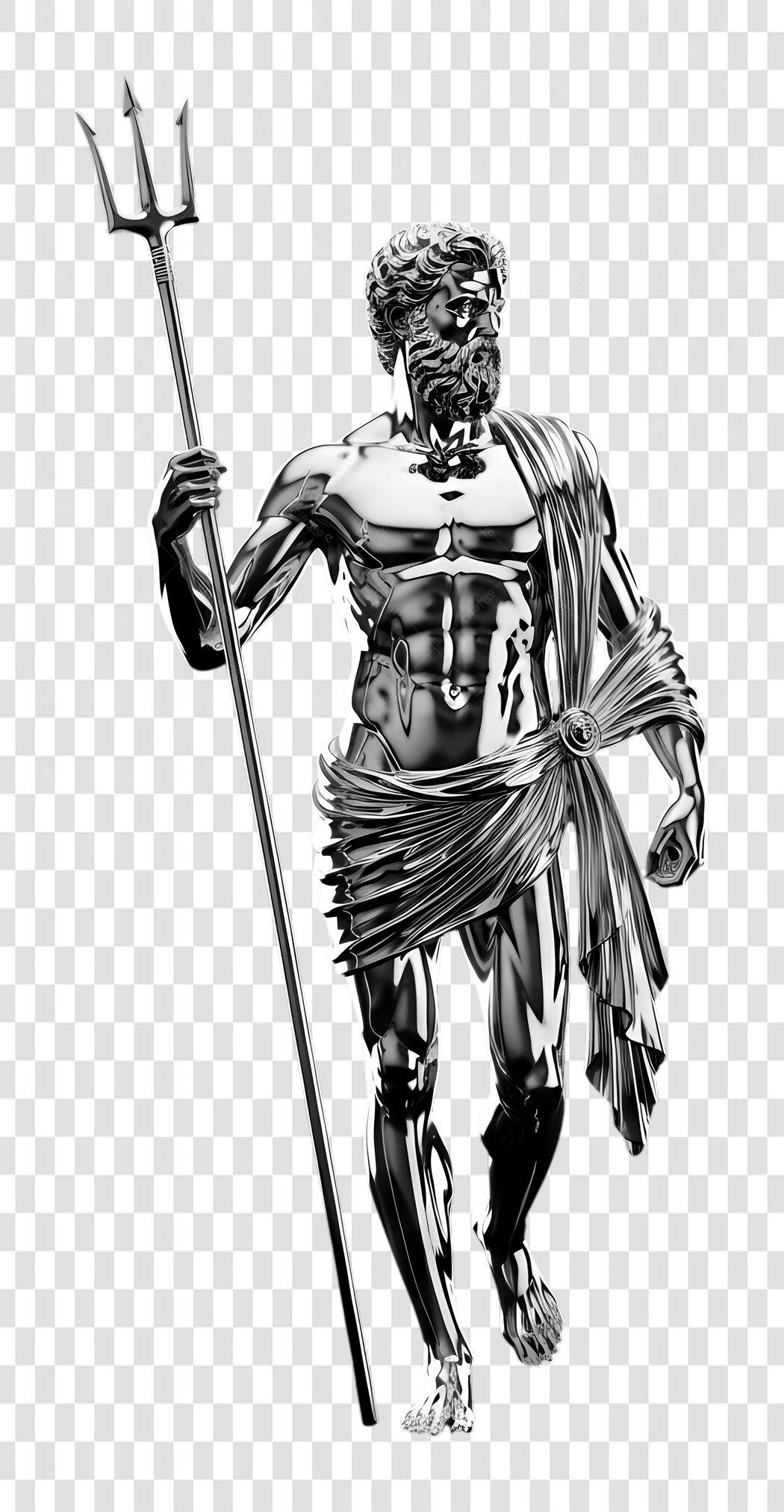 Elemento 3D Netuno Tridente Estátua Prata PNG Fundo Transparente