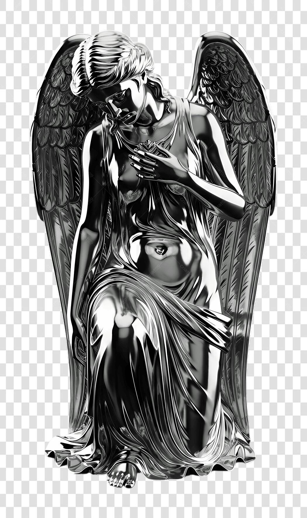 Elemento 3D Anjo Estátua Prata Metalizado PNG Fundo Transparente