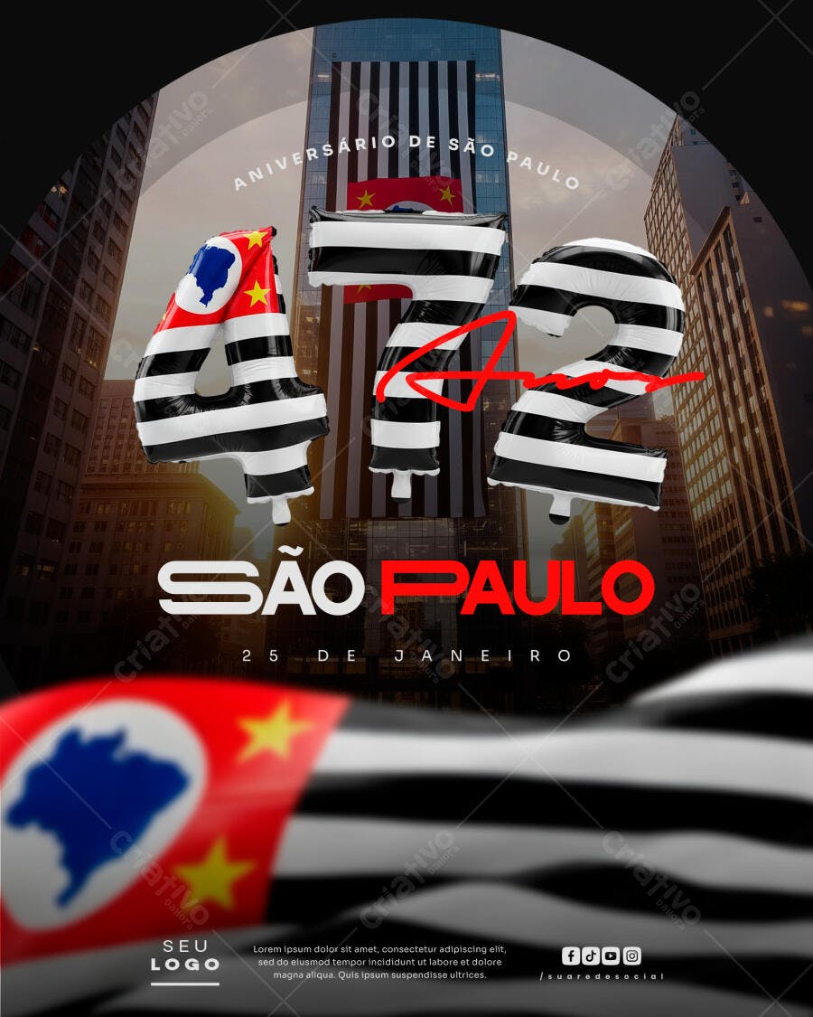 Post Aniversário de São Paulo 472 Anos PSD Editável