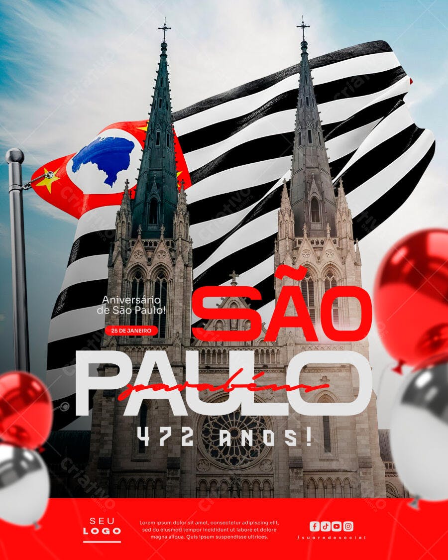 Post Aniversário São Paulo 25 de Janeiro PSD Editável