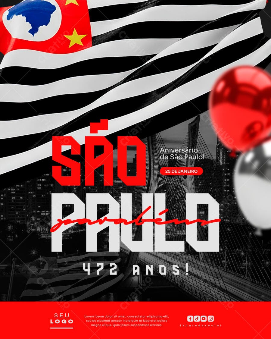 Post Aniversário São Paulo 25 de Janeiro PSD Editável