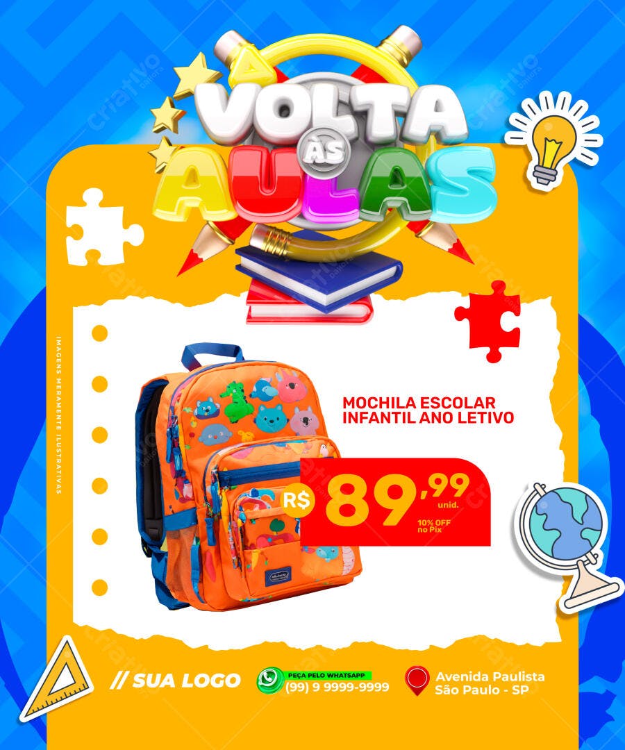 Flyer Volta às Aulas Mochila Escolar PSD Editável